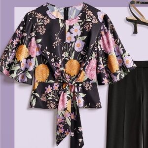 Ann Taylor NWOTFloral Tie-Front Puff Sleeve Top - Black with Pink & Gold Flowers